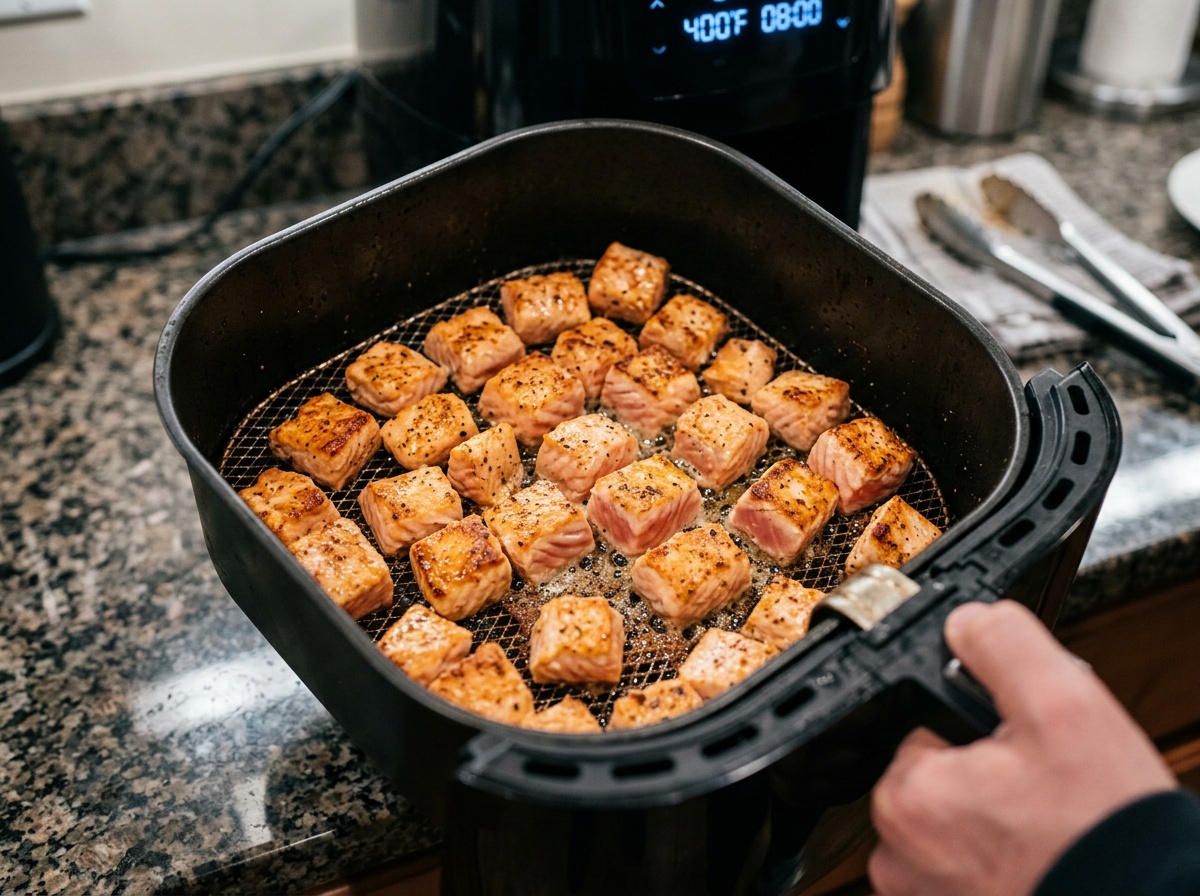 air fryer salmon bites recipe cooking in basket