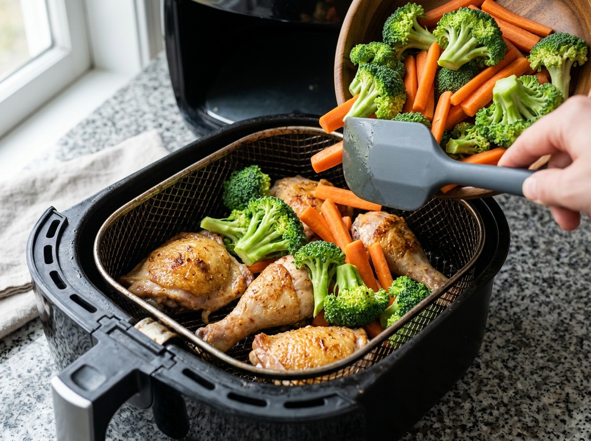 adding vegetables to ninja air fryer basket with chicken