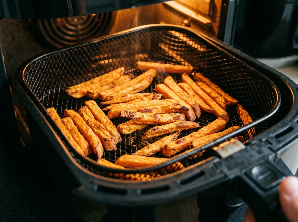 air frying sweet potato fries in air fryer basket