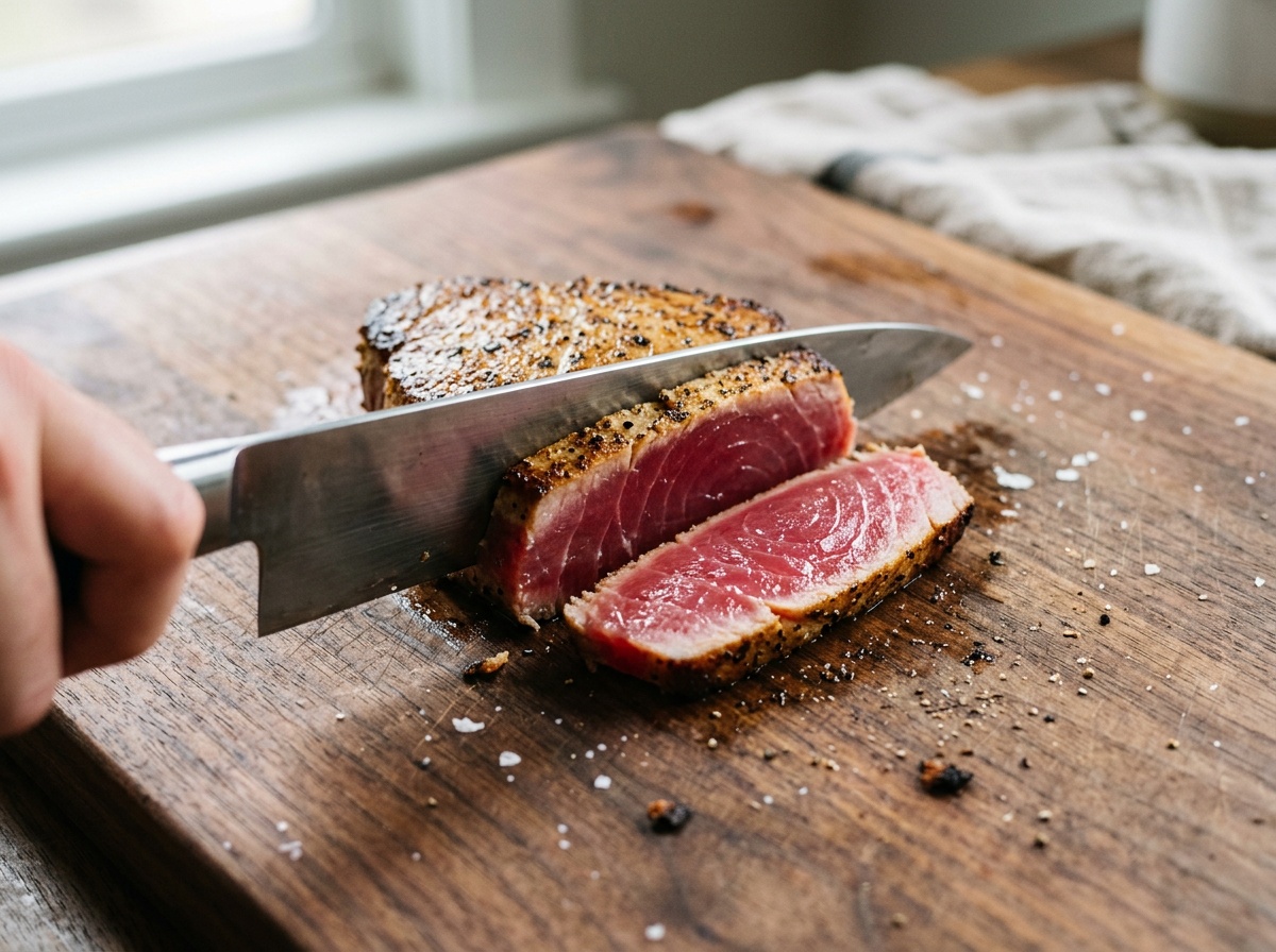 seared tuna sliced showing rare center