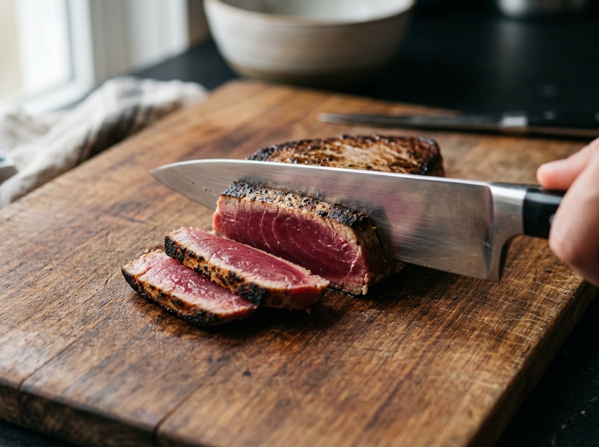 ahi tuna steak recipes — slicing cooked tuna steak.