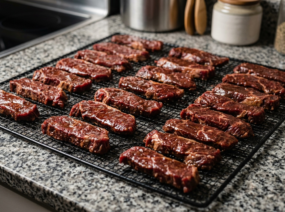 placing meat on tray for beef jerky in dehydrator recipes