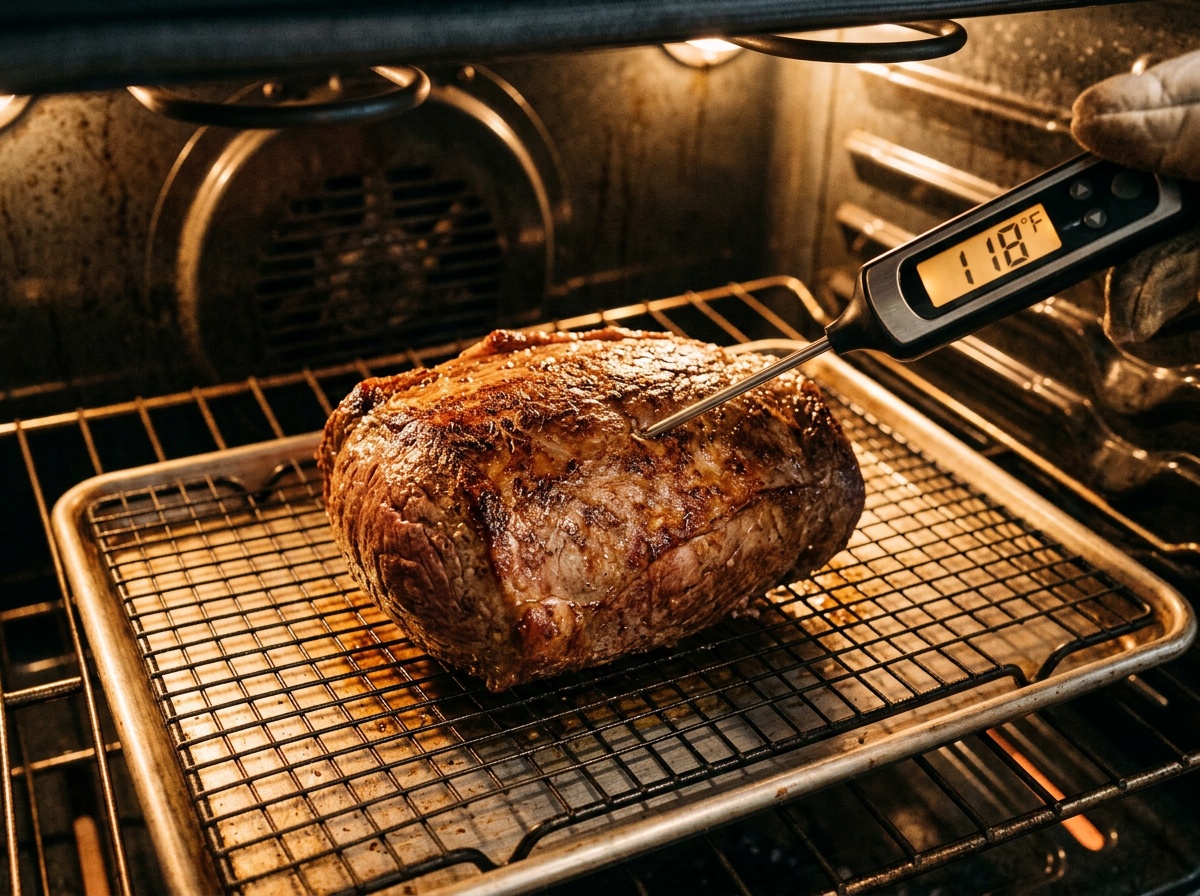 checking roast beef internal temperature for recipe