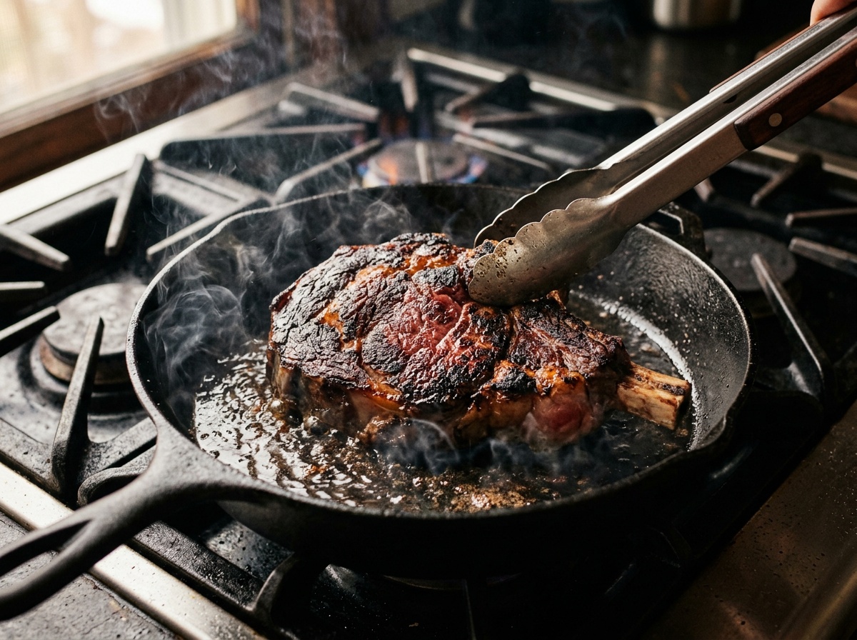 searing ribeye steak for beef steak sandwich recipe