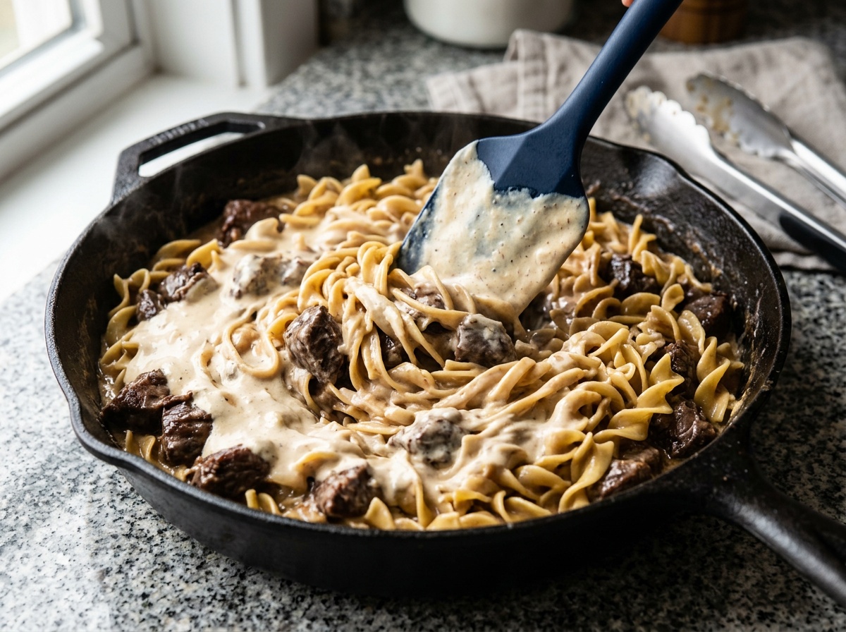 beef stroganoff recipe with ground beef combining ingredients