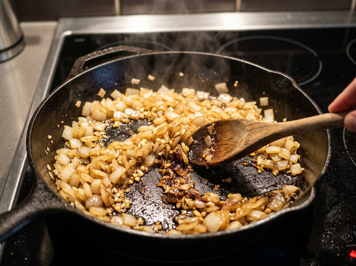 sautéing onions in pan for beef tips and rice recipe