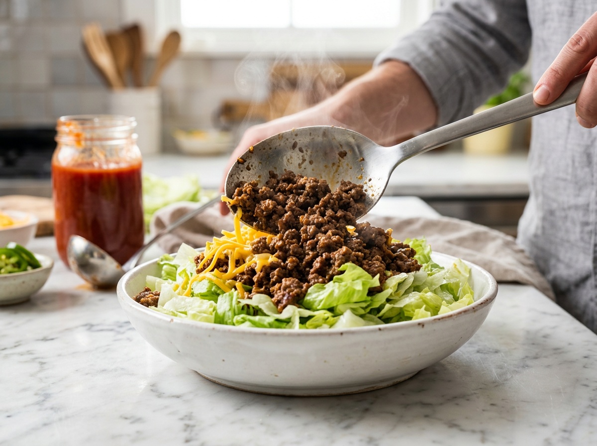 assembling big mac bowl recipe by layering beef and lettuce