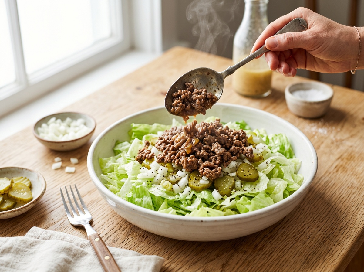 assembling big mac salad recipe in a bowl