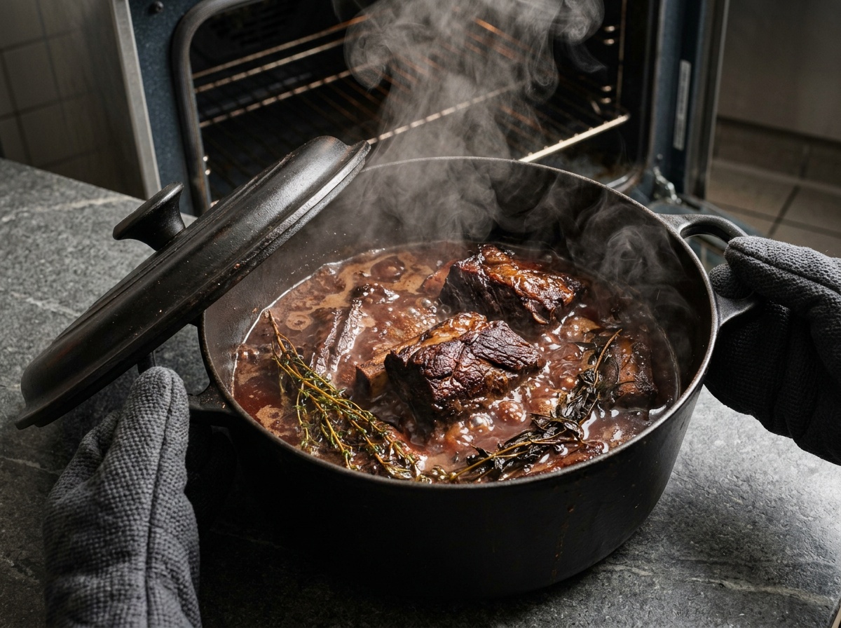boneless short ribs recipe braising in red wine broth.