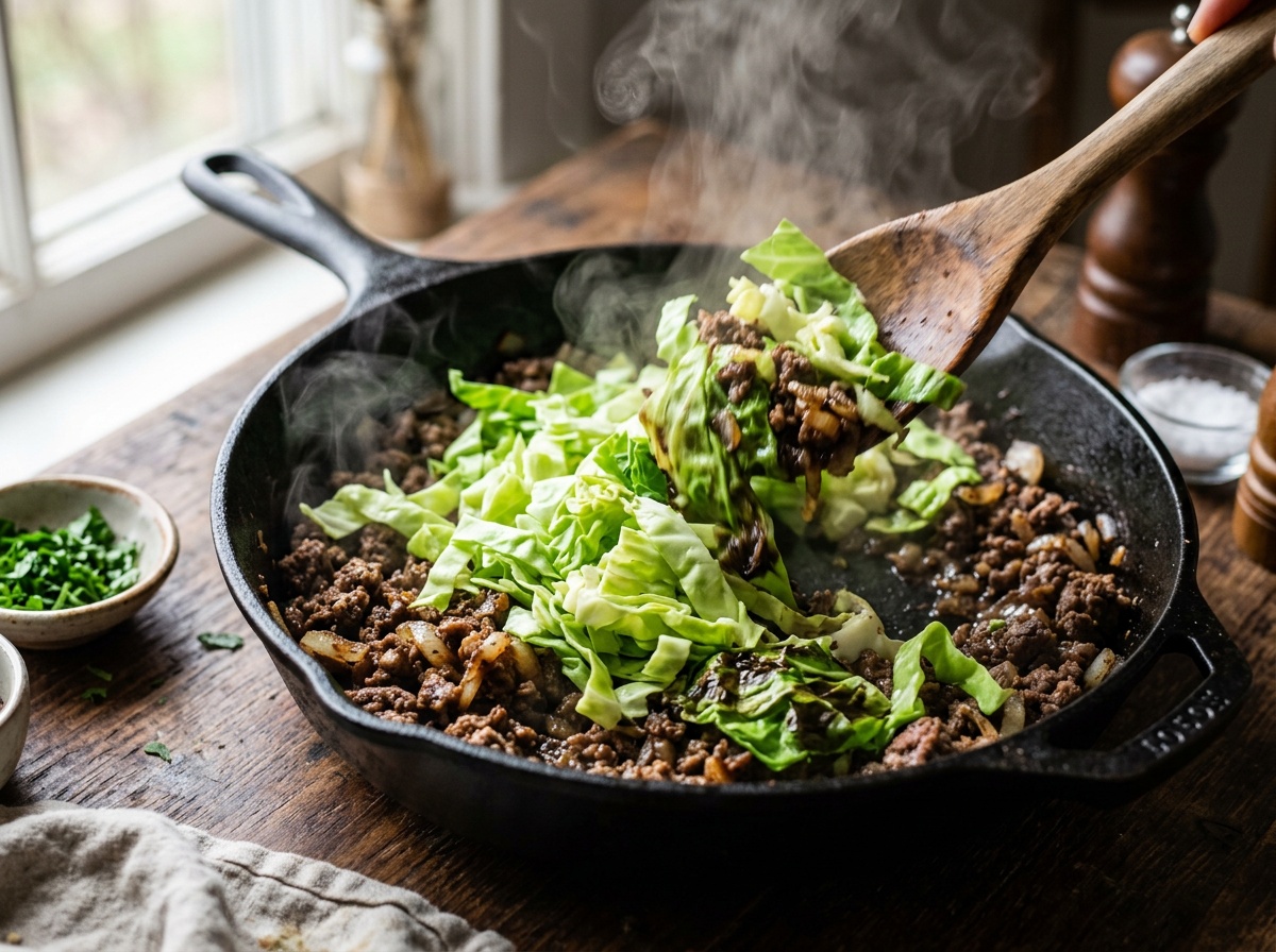 tossing cabbage into skillet for cabbage and ground beef recipes