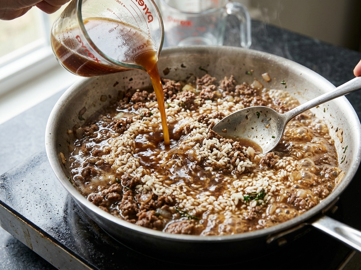 simmering broth with rice for chop meat and rice recipes