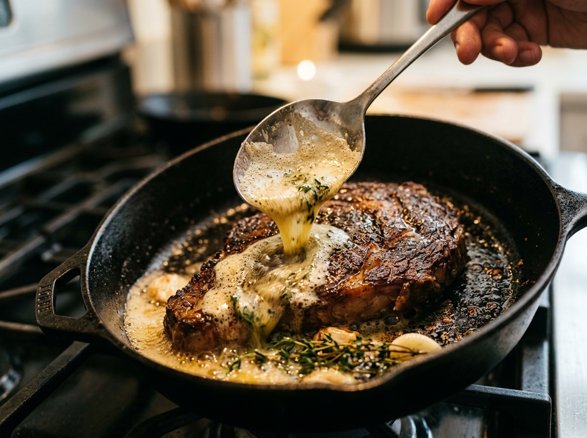 butter basting a chuck eye steak recipe in a pan