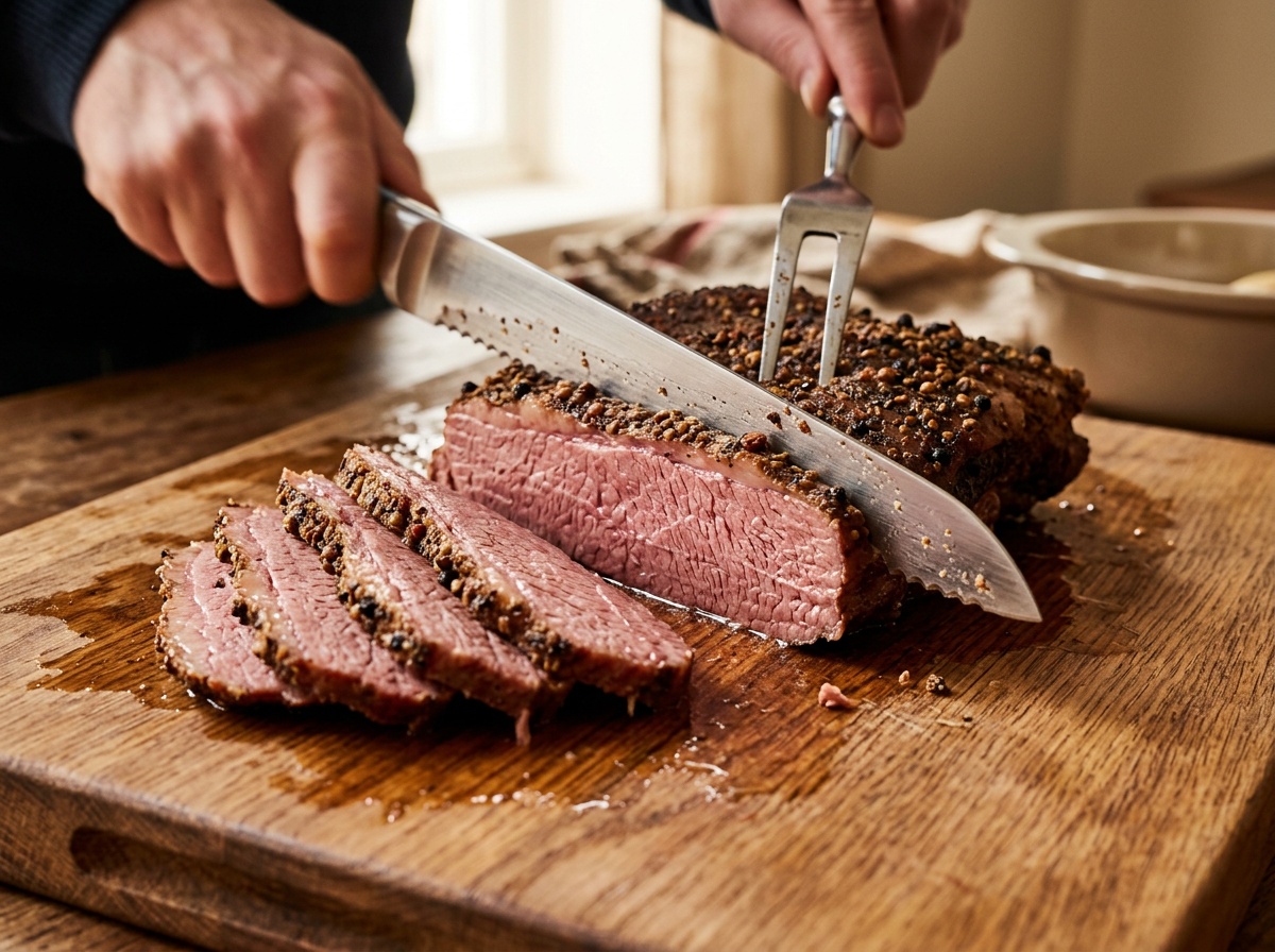 slicing tender corned beef brisket for oven baked meals.