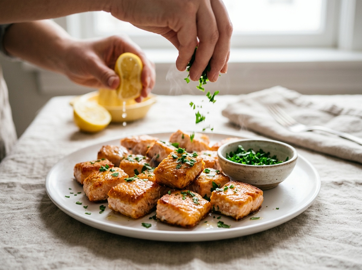 air fryer salmon bites recipe garnish step