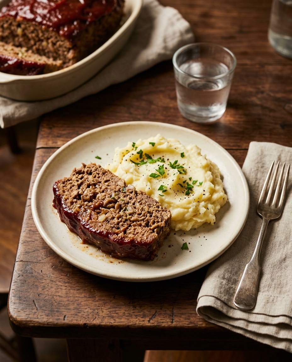 1 lb meatloaf recipe plated slice with potatoes