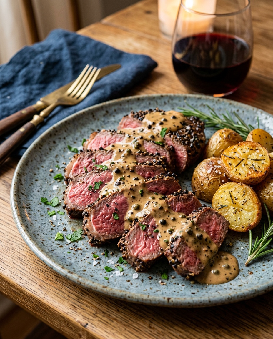 finished au poivre steak recipe on dining table