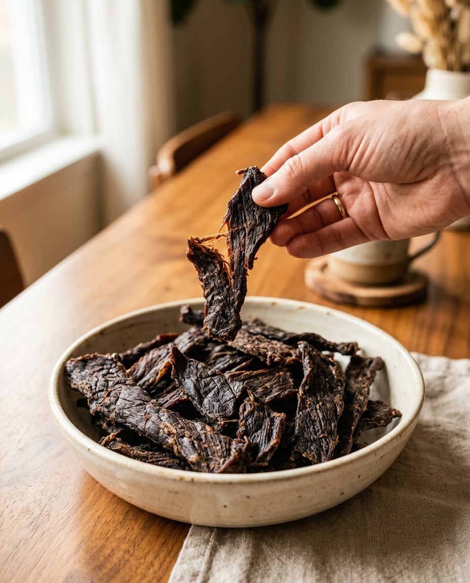 finished beef jerky in dehydrator recipes served in a bowl