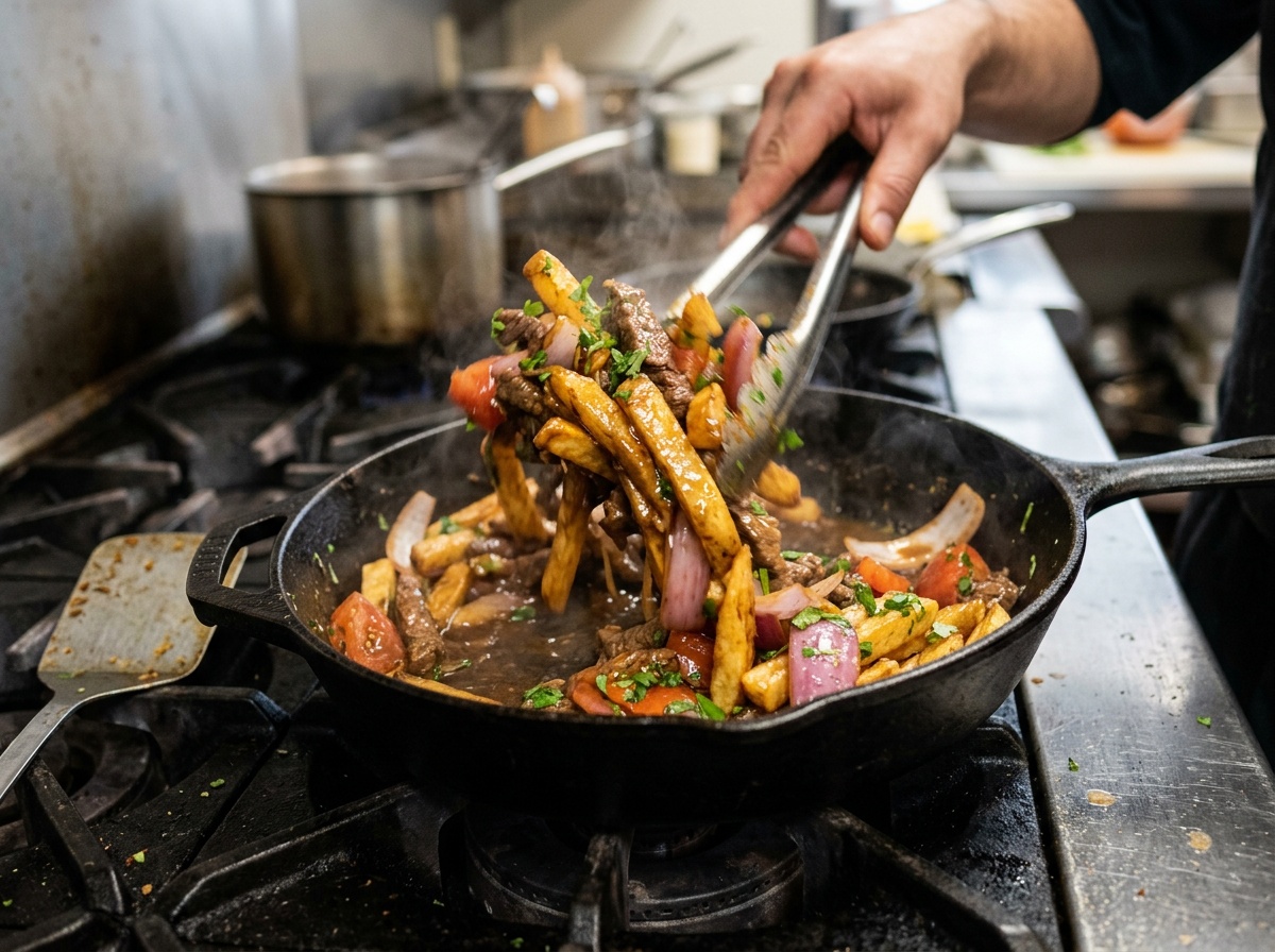 tossing ingredients for beef lomo saltado recipe