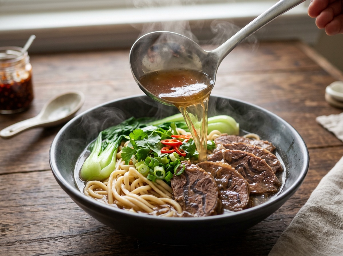 beef noodle soup recipe assembling with hot broth