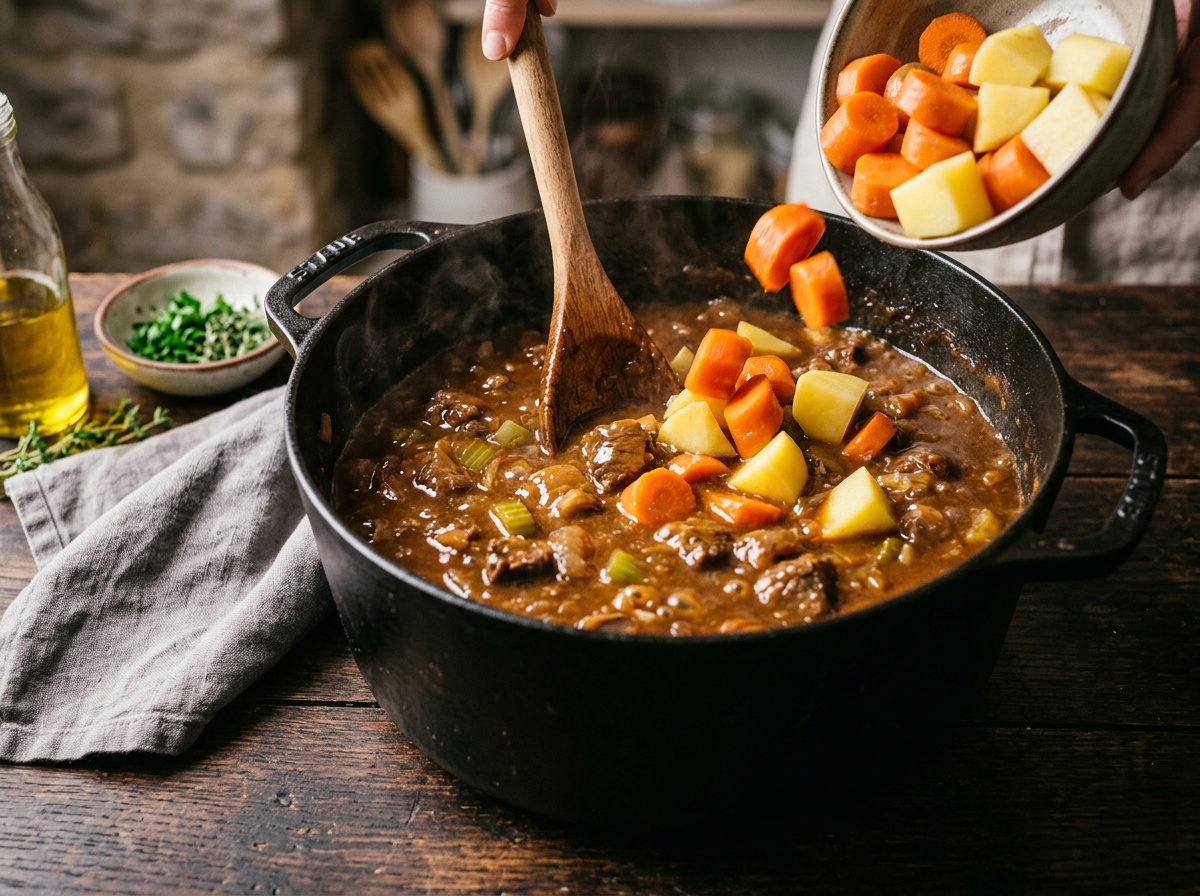 adding vegetables to beef stew recipe stove top