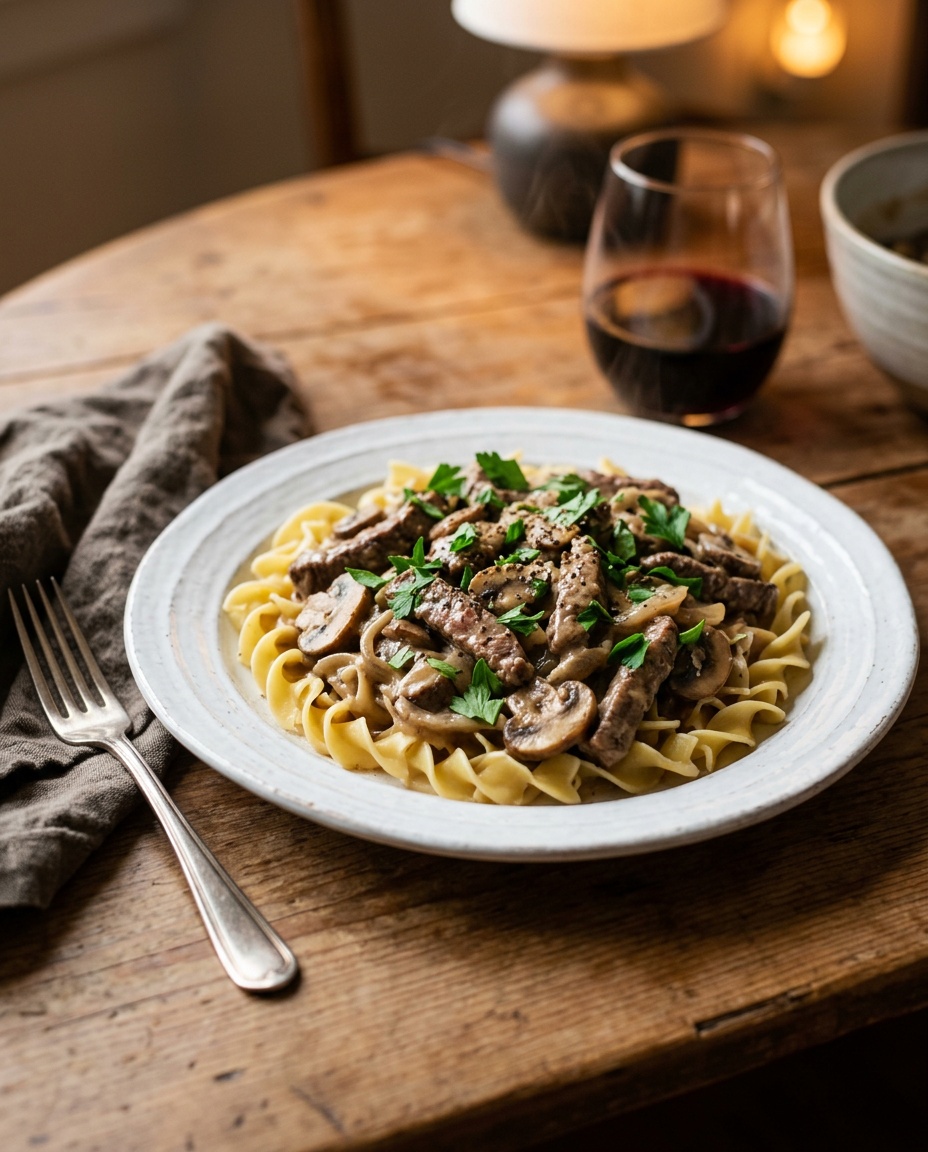 beef stroganoff recipe with ground beef served on plate