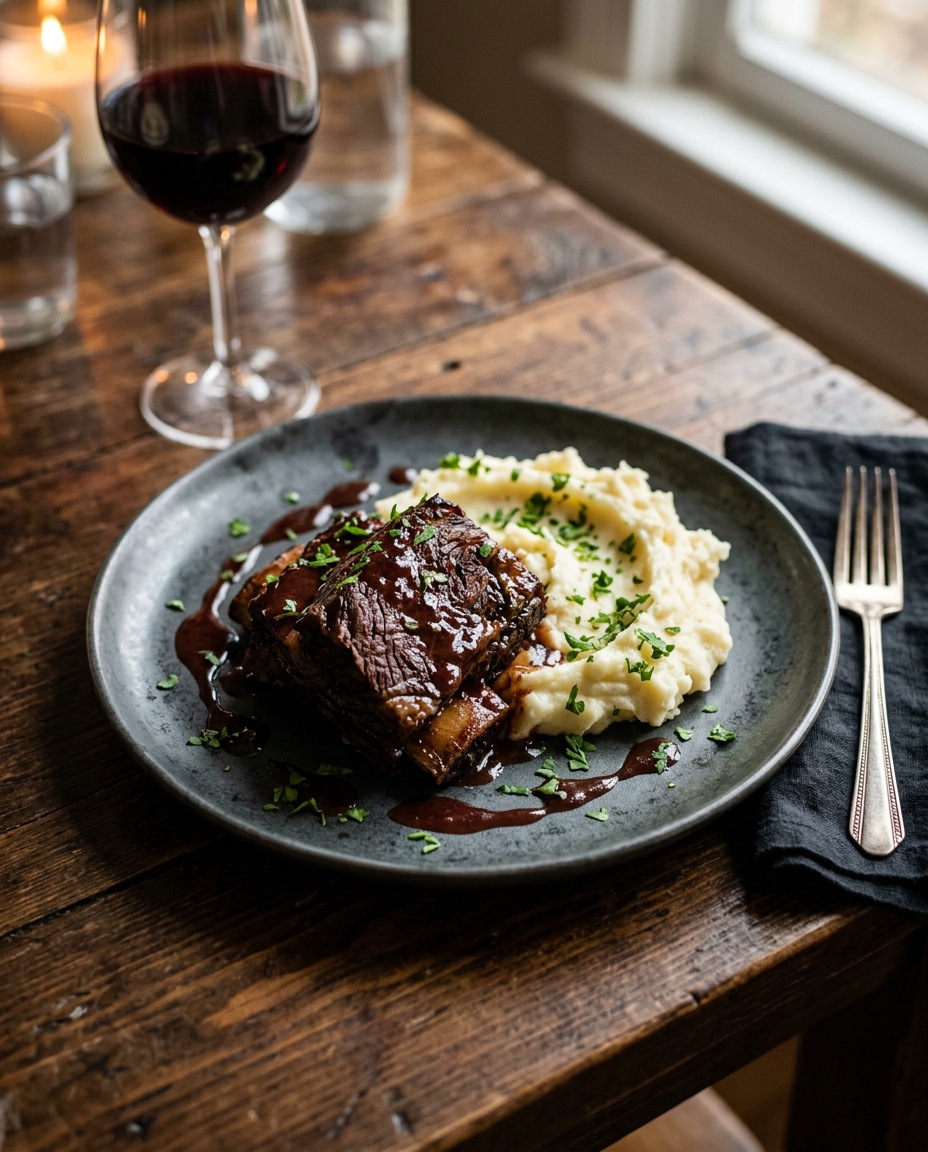 boneless beef short ribs recipe served on a plate