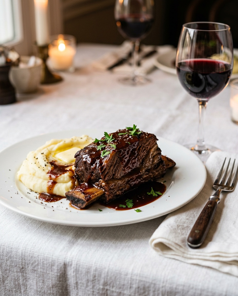 boneless short ribs recipe served with potatoes on a white plate.