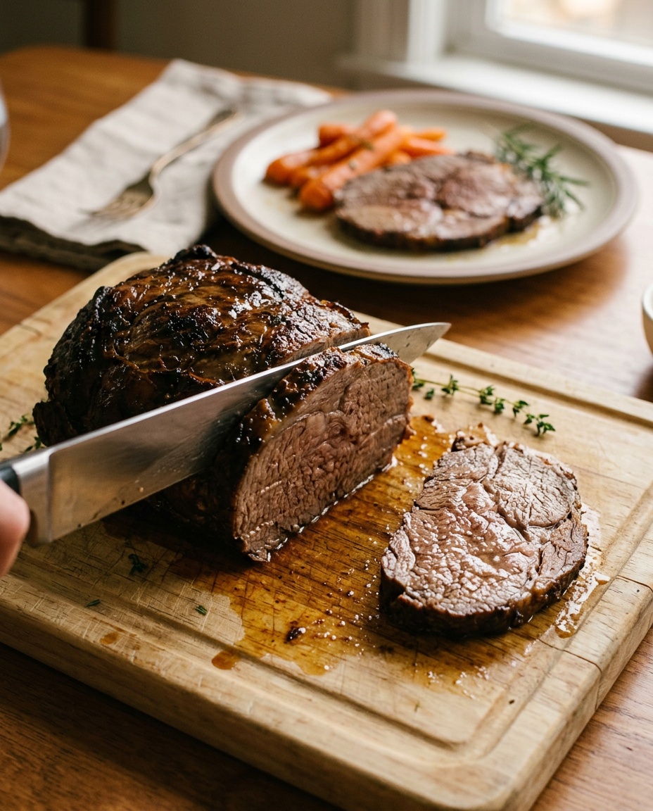 bottom round roast recipe sliced on cutting board