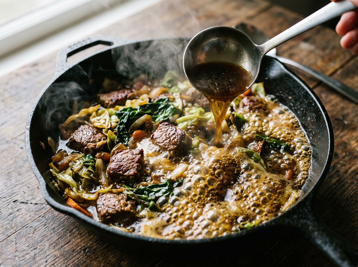 simmering cabbage and ground beef recipes in skillet