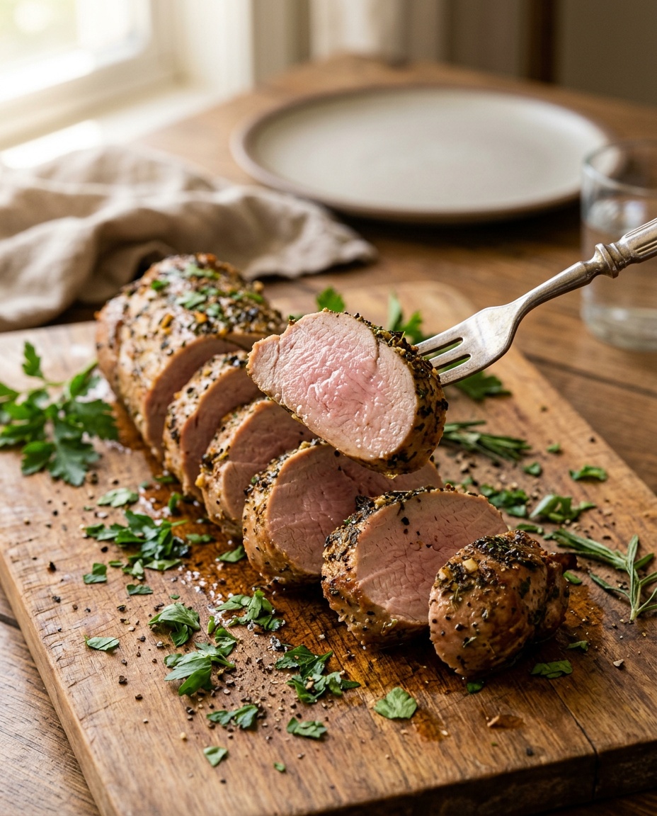finished air fryer pork tenderloin recipe on board