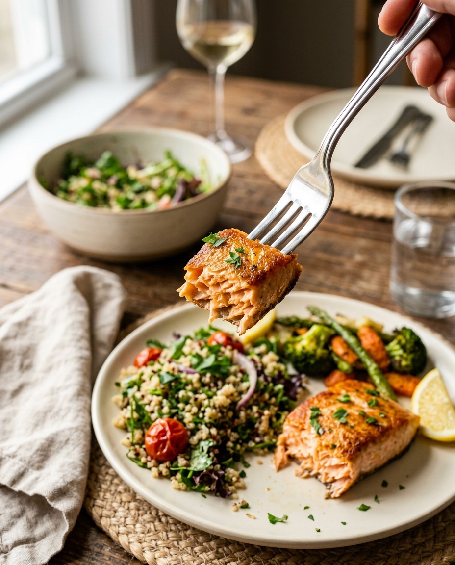 air fryer salmon bites recipe served on fork