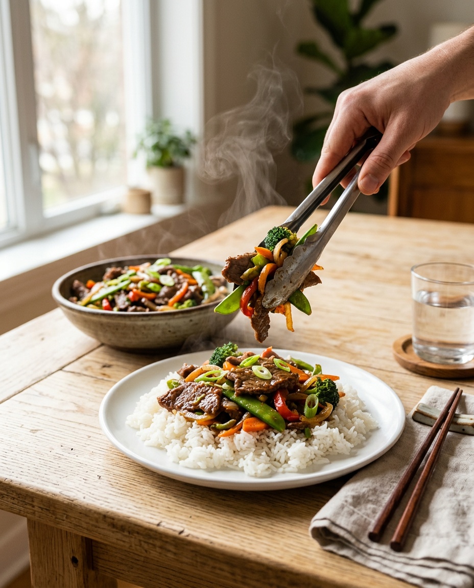 finished beef stir fry recipes served with rice