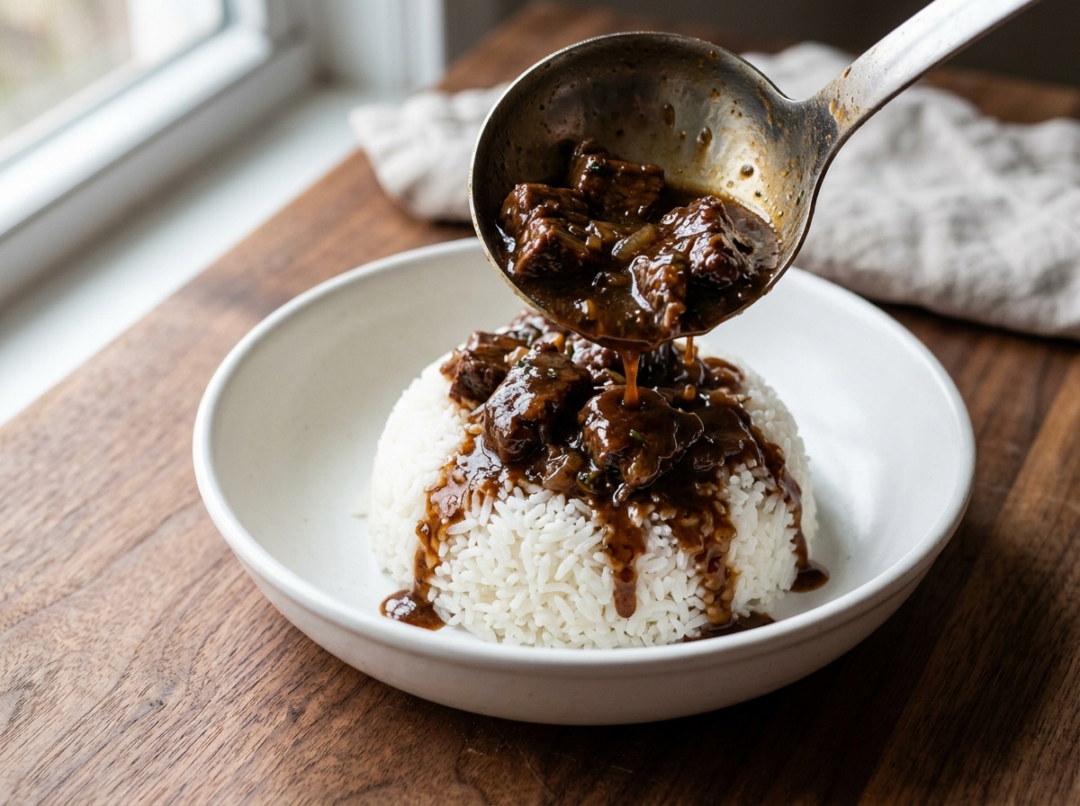serving beef tips over rice for beef tips and rice recipe