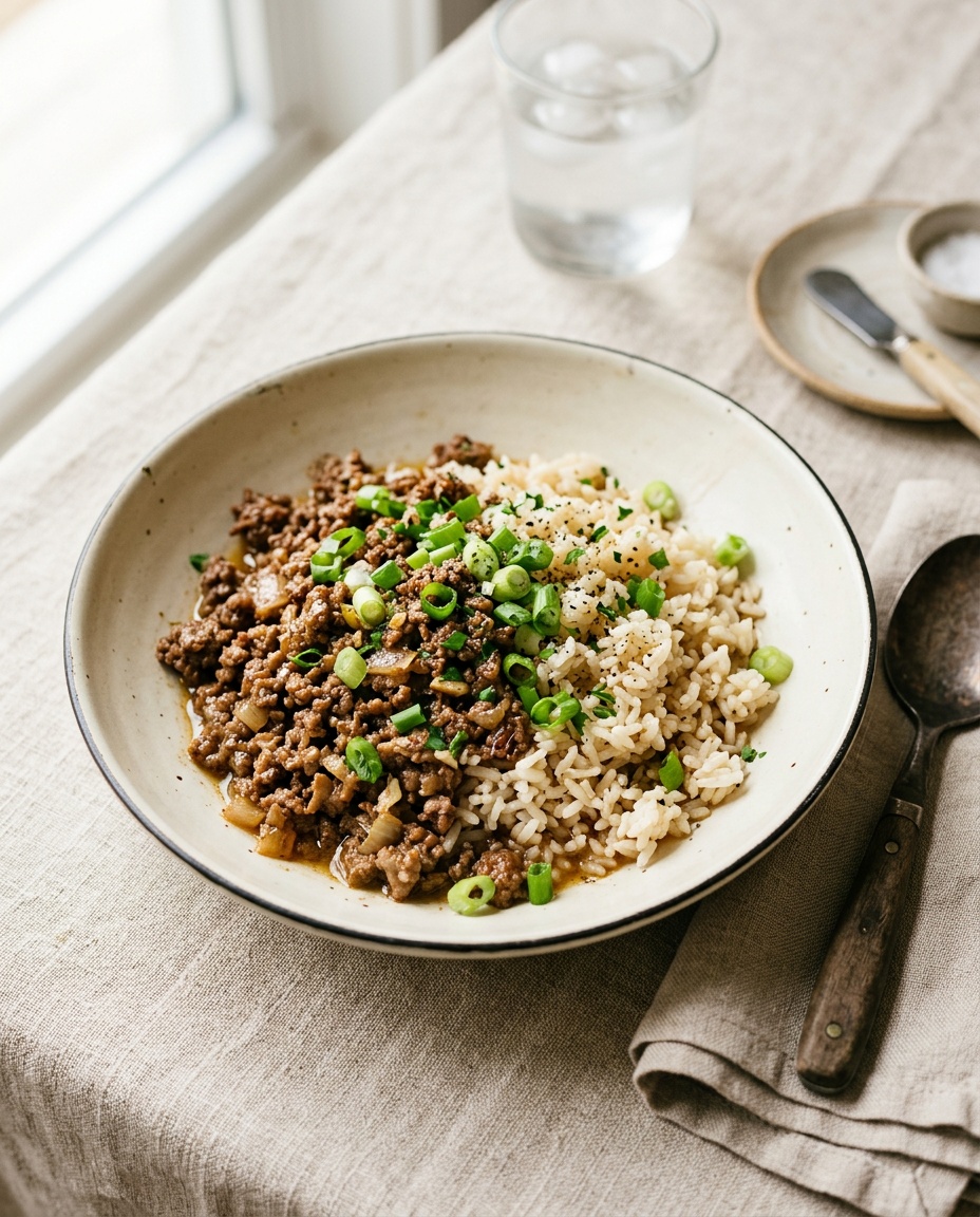 finished chop meat and rice recipes in a bowl