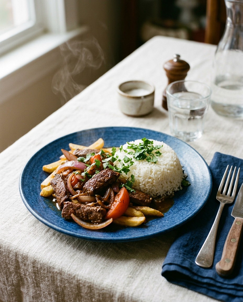 beef lomo saltado recipe served on a plate