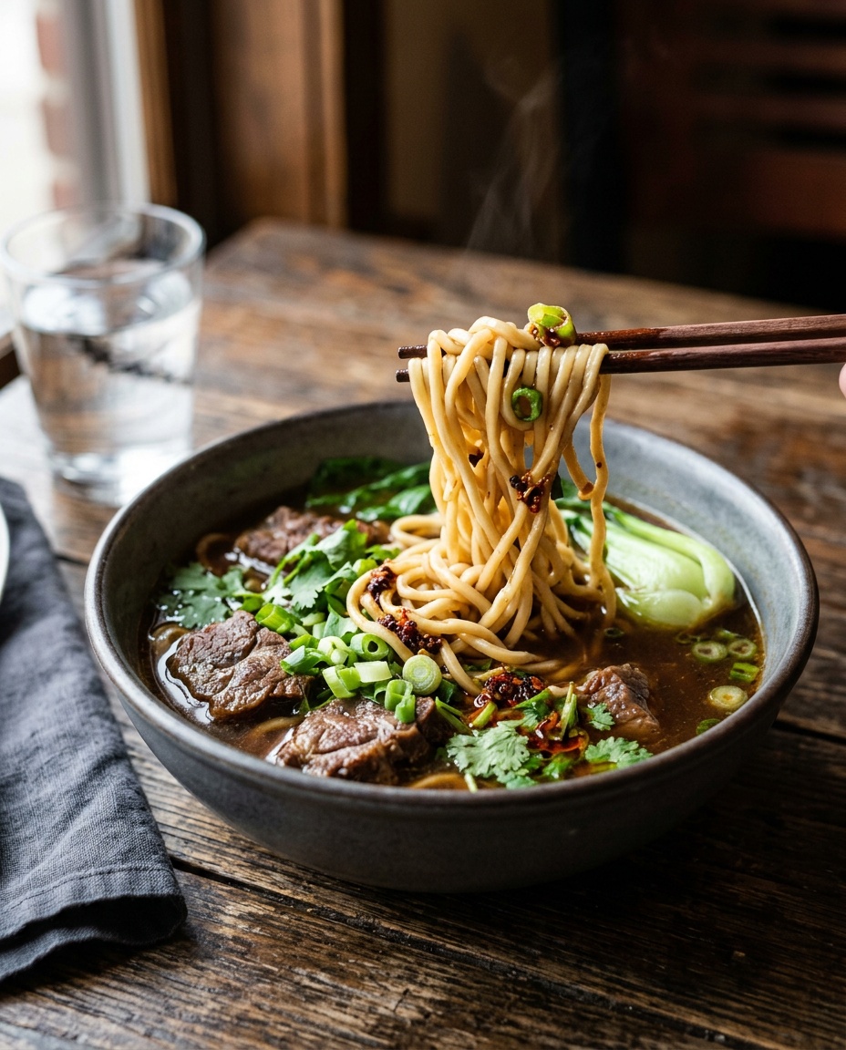 beef noodle soup recipe served in a bowl with chopsticks