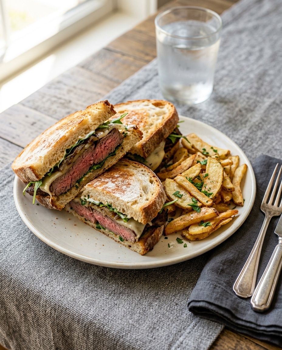 final serving of beef steak sandwich recipe with sides
