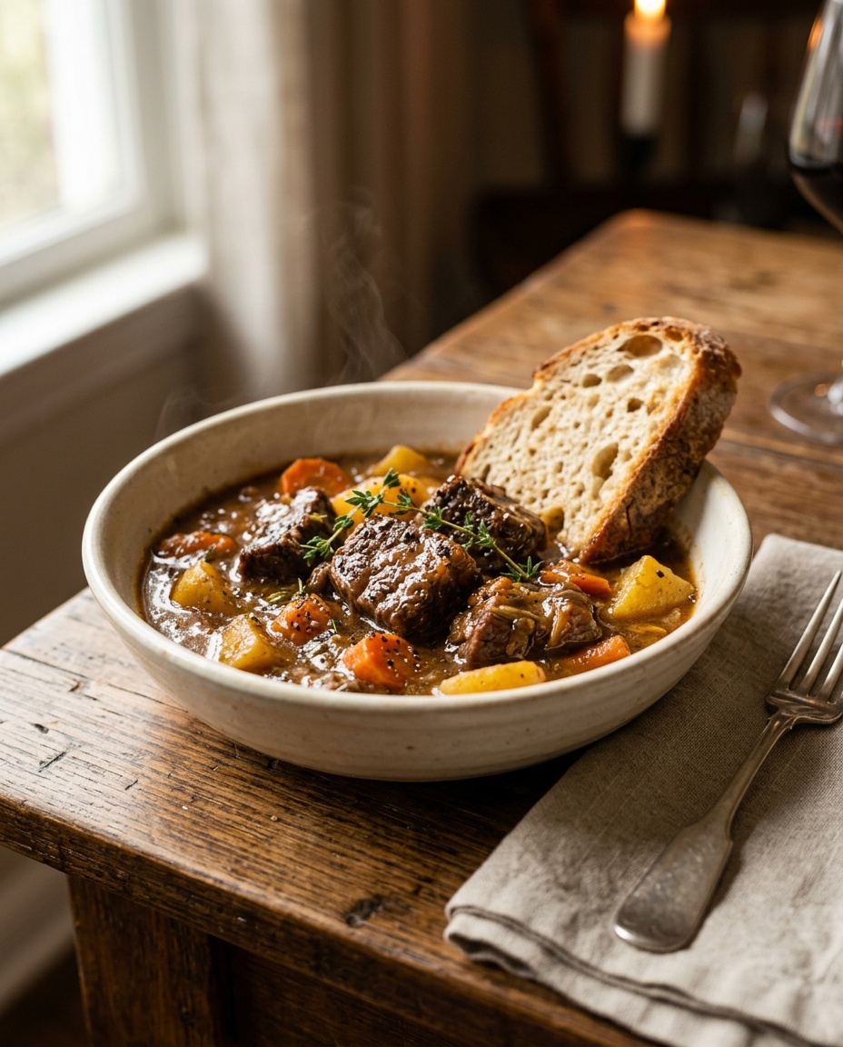 beef stew recipe dutch oven bowl ready to eat