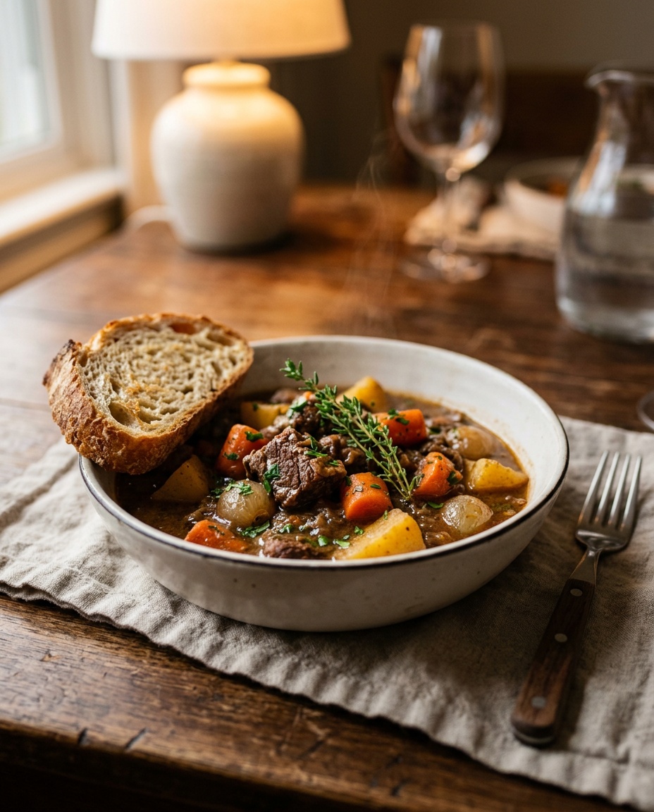 finished beef stew recipe stove top in serving bowl