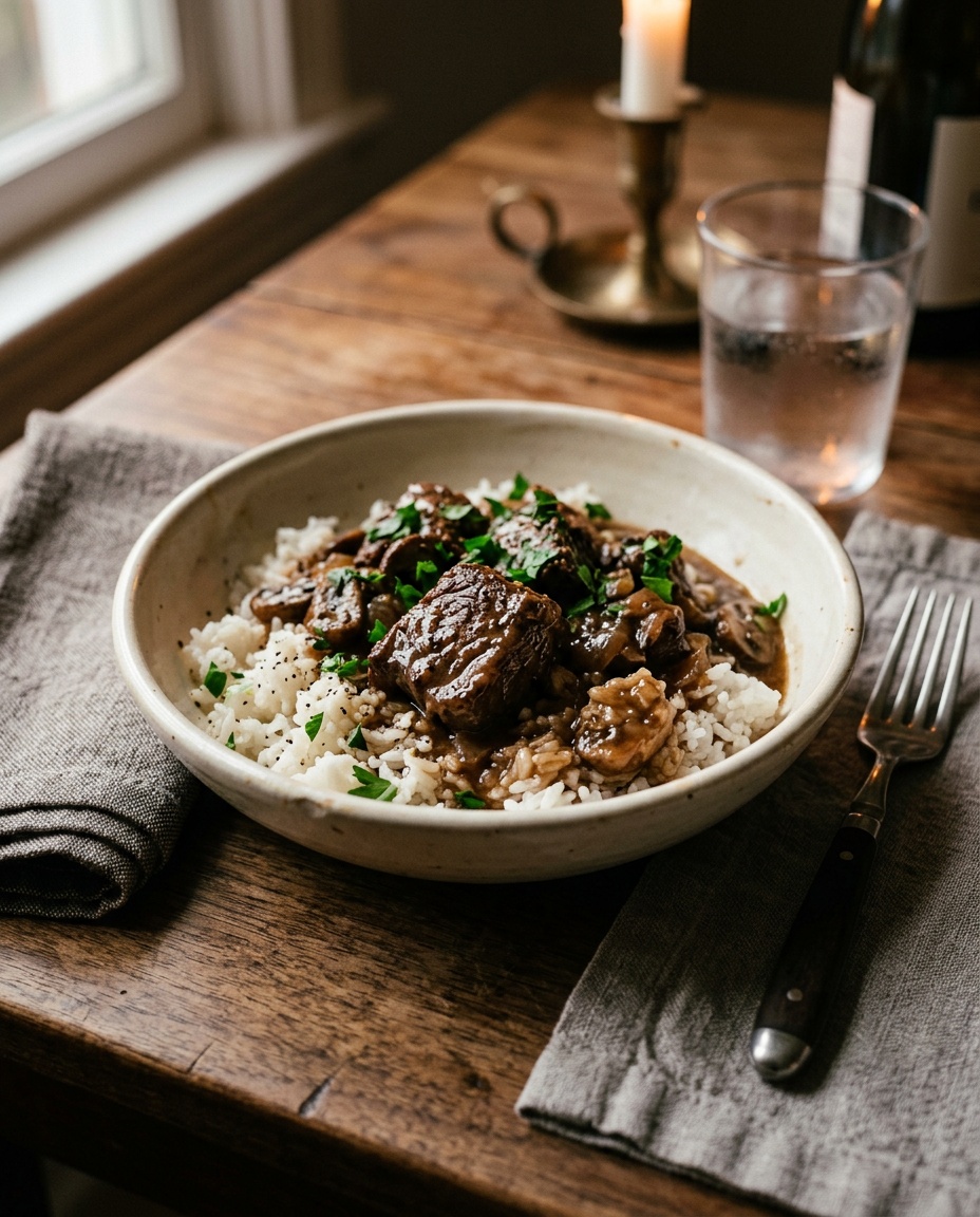 finished beef tips and rice recipe plate