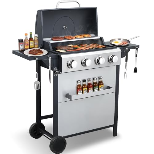 LMNOCHM 4-Burner Propane Gas Grill with Folding Side Tables