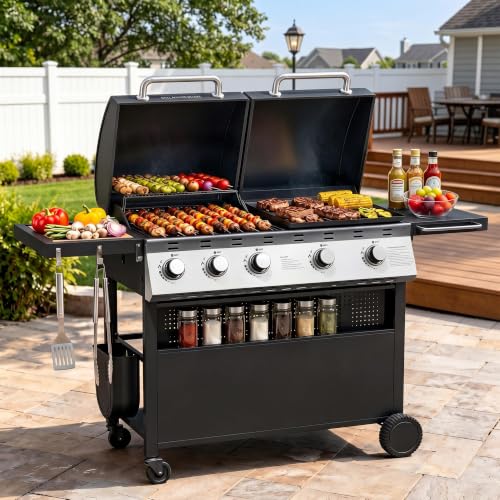 Aoxun 5-Burner Propane Grill Griddle Combo, 54000 BTU 2-in-1